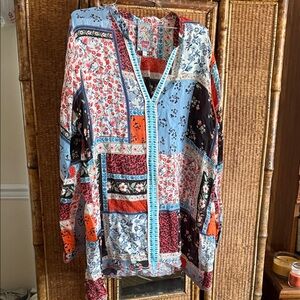 Boho patchwork floral blouse by Johnny Was | Cottagecore mixed print tunic top.